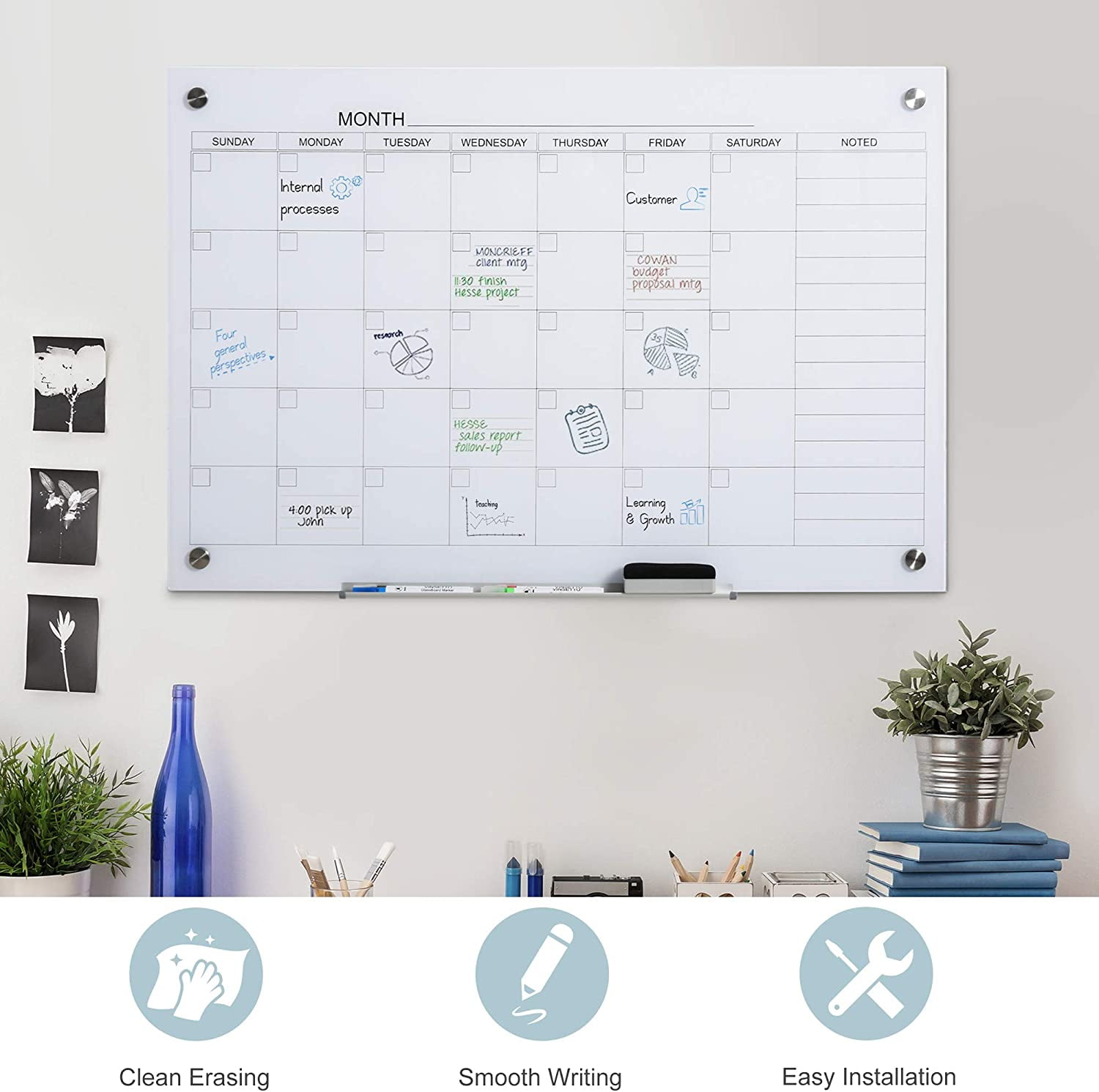 FeGemax 35"x23" Dry Erase Wall Calendar Glass Whiteboard Monthly Planner for Homeschool Supplies & Home Office Organization with 4 Markers and 1 Eraser,Frameless