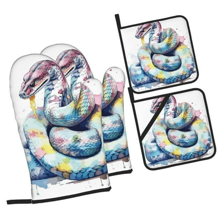 

Fotbe Watercolor Snake for 4Pcs Oven Mitts and Pot Holders 500℉ Heat Resistant Oven Mitts Non-Slip Silicone Surface Safe for Baking Cooking BBQ