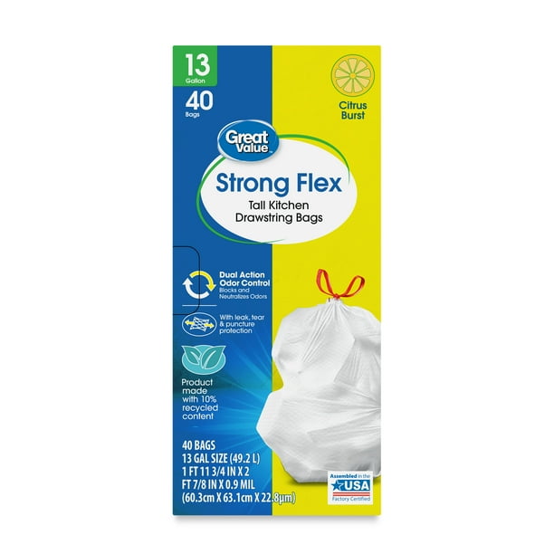 Great Value 13Gallon Drawstring Strong Flex Tall Kitchen Trash Bags