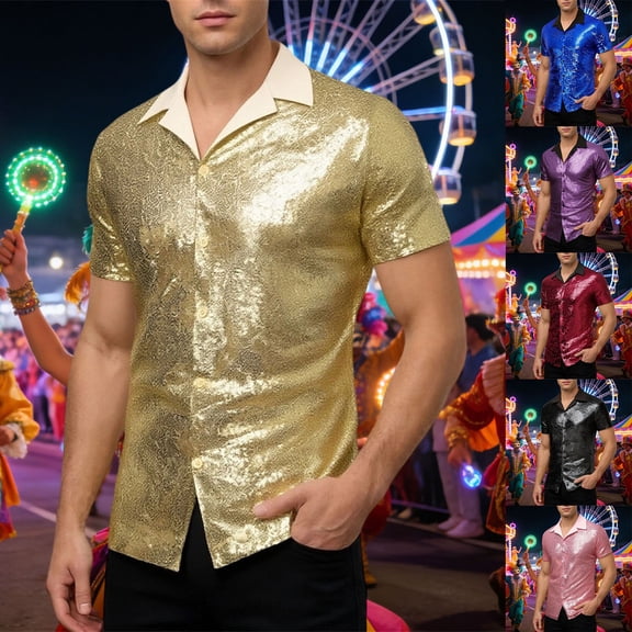 Mens Shirts Casual Carnival Disco Glitter Short Sleeve Lapel Top Party Dance Club Night Out Comfortable Shirt for Men Black L