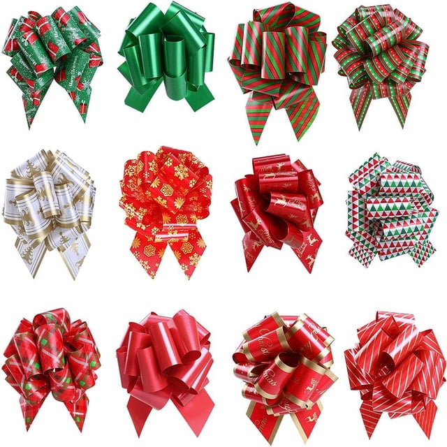 QJUHUNG 12pcs Deluxe Christmas Gift Bows - Printmaking Other - Easy-to-Assemble Ribbon Wrapping Accessory for Present Florist Bouquet Basket Decor Xmas Wrap Pull Bows with Vibrant Co