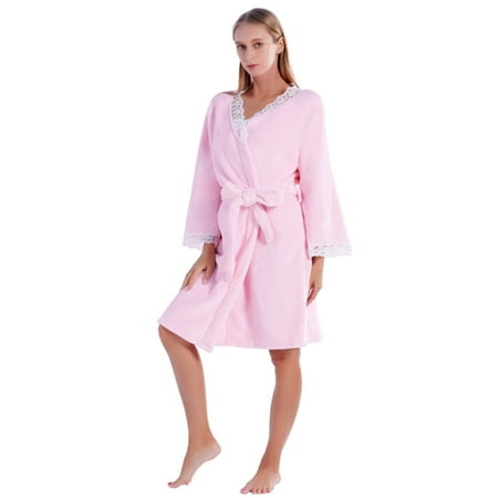 

EFINNY Women s Flannel Robes Soft Warm Plush Nightgowns Spa Bathrobe Lacework Sleepwear Ladies Knee Length Bath Gown