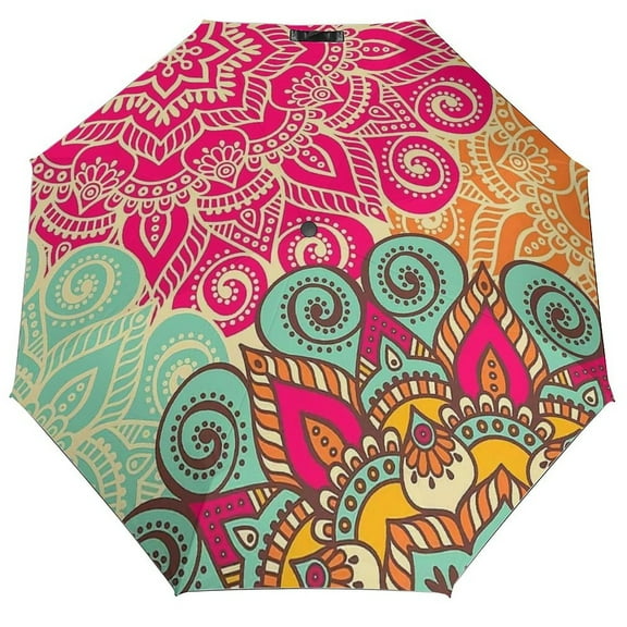 Mandala Umbrella for Rain - Portable, Double Layer Automatic Folding Umbrella UV Protection for Rain Car Travel Outdoor Men Women