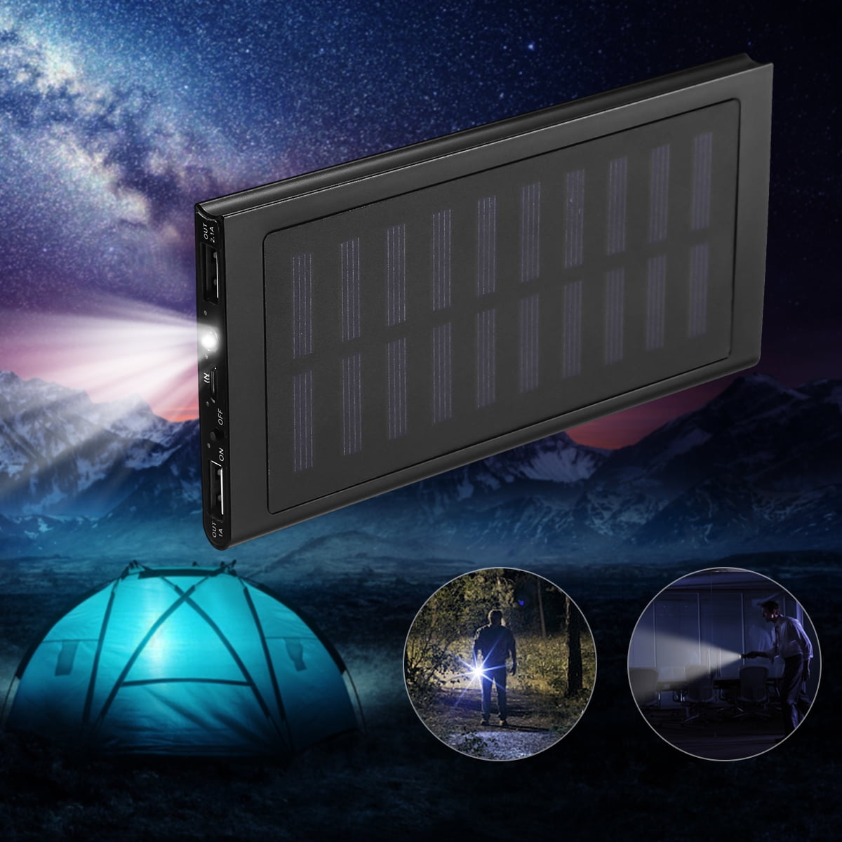20000mAh Power Bank Solar Portable Charger Dual USB Ports External Battery with LED Flashlight