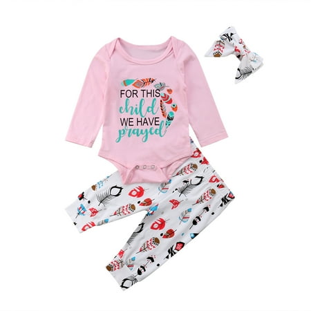 

Multitrust Children s Letter Print Jumpsuit + Feather Print Pants + Headband