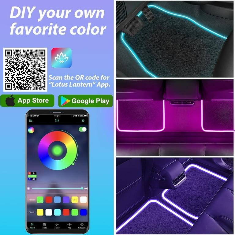 Soft Car Floor Mats With Led Strip Light, App Control Interior Car Lights Floor Mats, Universal Fit Black Automotive Carpet, Anti-Slip Waterproof RGB Car Decor Accessories for SUV,Sedan,Jeeps,Trucks