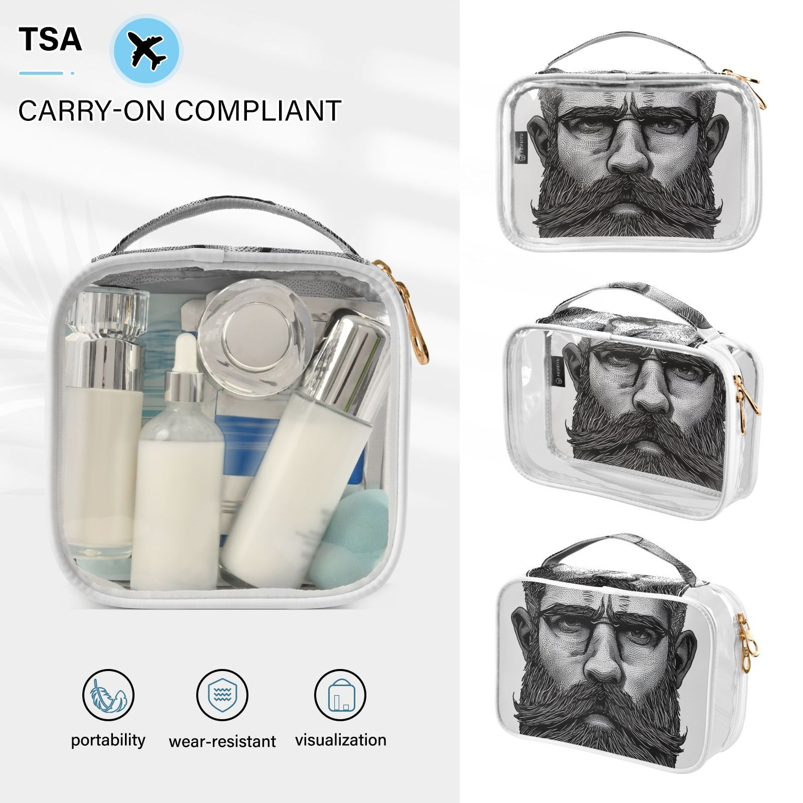 Clear Makeup Bags with Handle Large Opening 2 Pack Set Toiletry Bag Quart Size Bag, for Women Man Traveling Travel Essentials, Toiletries and Other. Beard