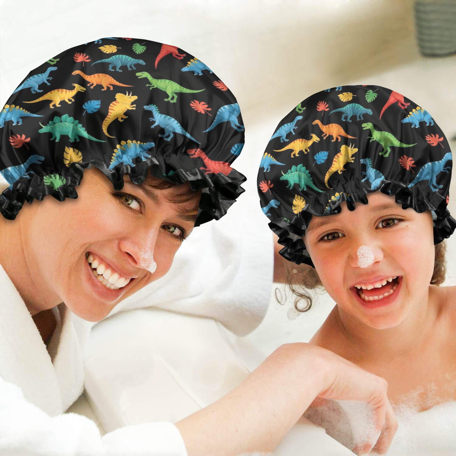 Shower Caps,Black Cartoon Dinosaurs Colorful Leaves Pattern Waterproof Shower Cap for Women 4 Pieces,Double Reusable Hair Cover for Shower PEVA Elastic Stretch Hem