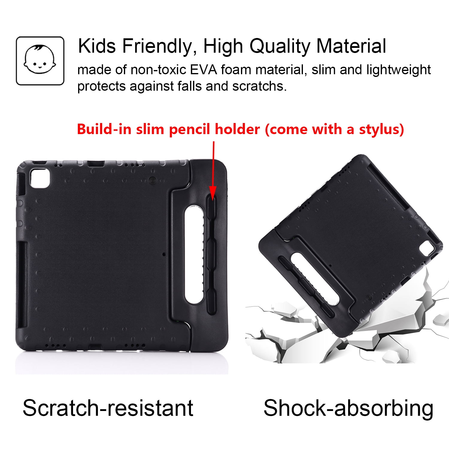 Cowithday Kids Case for Apple iPad Pro 12.9 inch 2022/2021/2020/2018 (6th/5th/4th/3rd Generation) with Pencil Holder/Rotating Kickstand Swivel Handle EVA Foam Shockproof Rugged Flip Stand Cover, Black