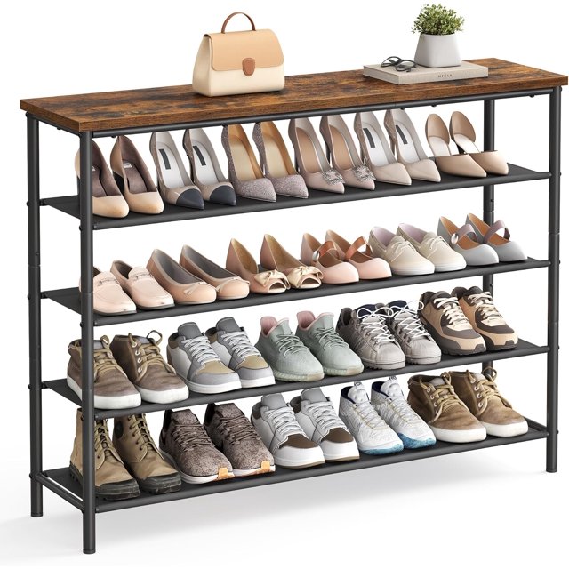 VASAGLE Shoe Rack, 5 Tier Shoe Storage Rack for 20-24 Pairs of Shoes, Shoe Organizer for Entryway, with 4 Fabric Shelves and Top Panel, Steel Frame, Industrial, Rustic Brown and Black ULBS136B01