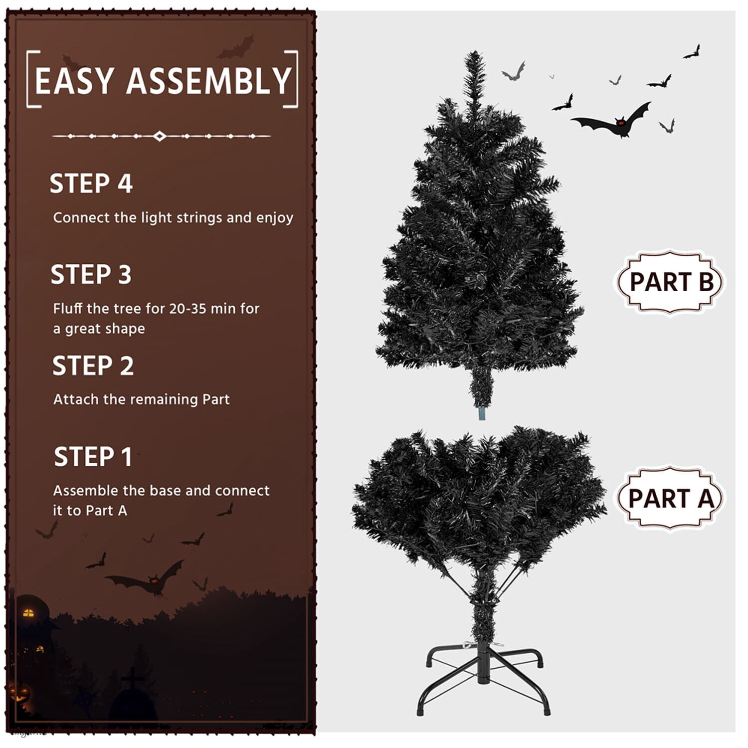 Alden Design 4.5FT Artificial Pre-lit Christmas Fir Tree with Foldable Stand,150 LED Warm Lights,Black