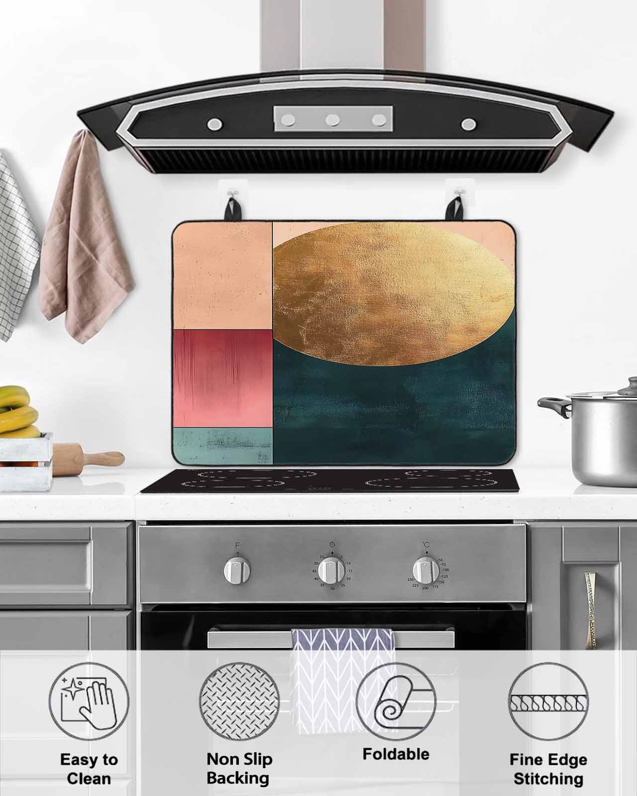 nqOlkjepod Large Induction Cooktop Protector Mat 24"x21", Boho Gold Circle Stove Top Covers for Electric Stove, Modern Geometric Color Blocks Stove Burner Cover Mats, Glass Top Stove Cover