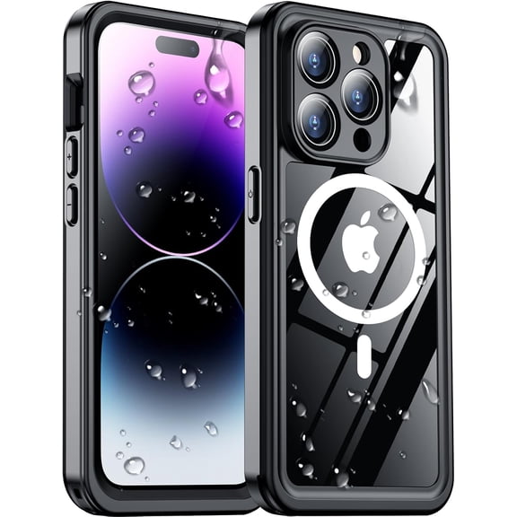Compatible with iPhone 14 Pro Max Case Waterproof, Built-in Screen & Camera Protector IP68 Underwater Full Body 14FT Military Dropproof Shockproof Phone Case 6.7"-Black/Clear-Mag