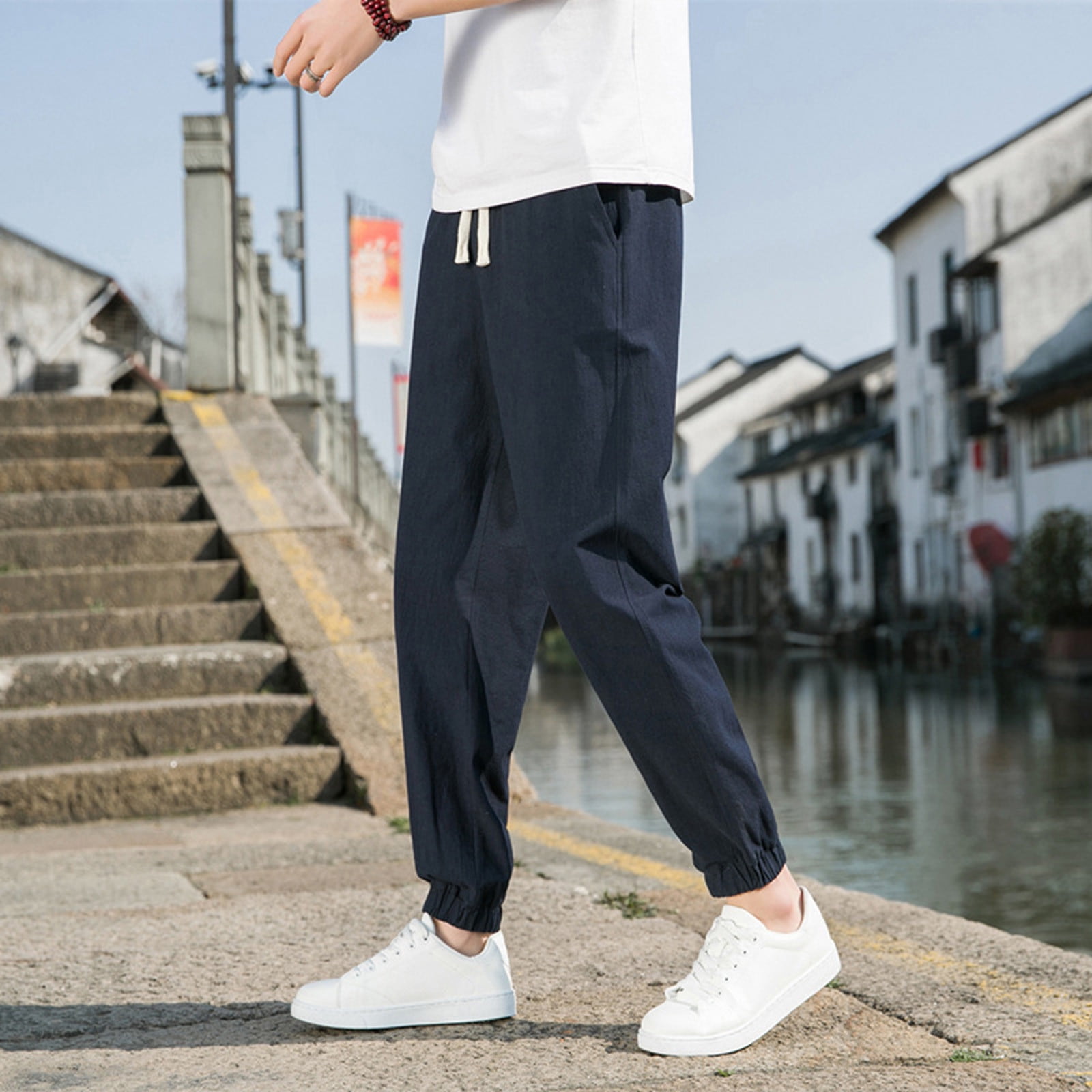 Mens Casual Baggy Pants Elastic Waist Loose Soft Trousers