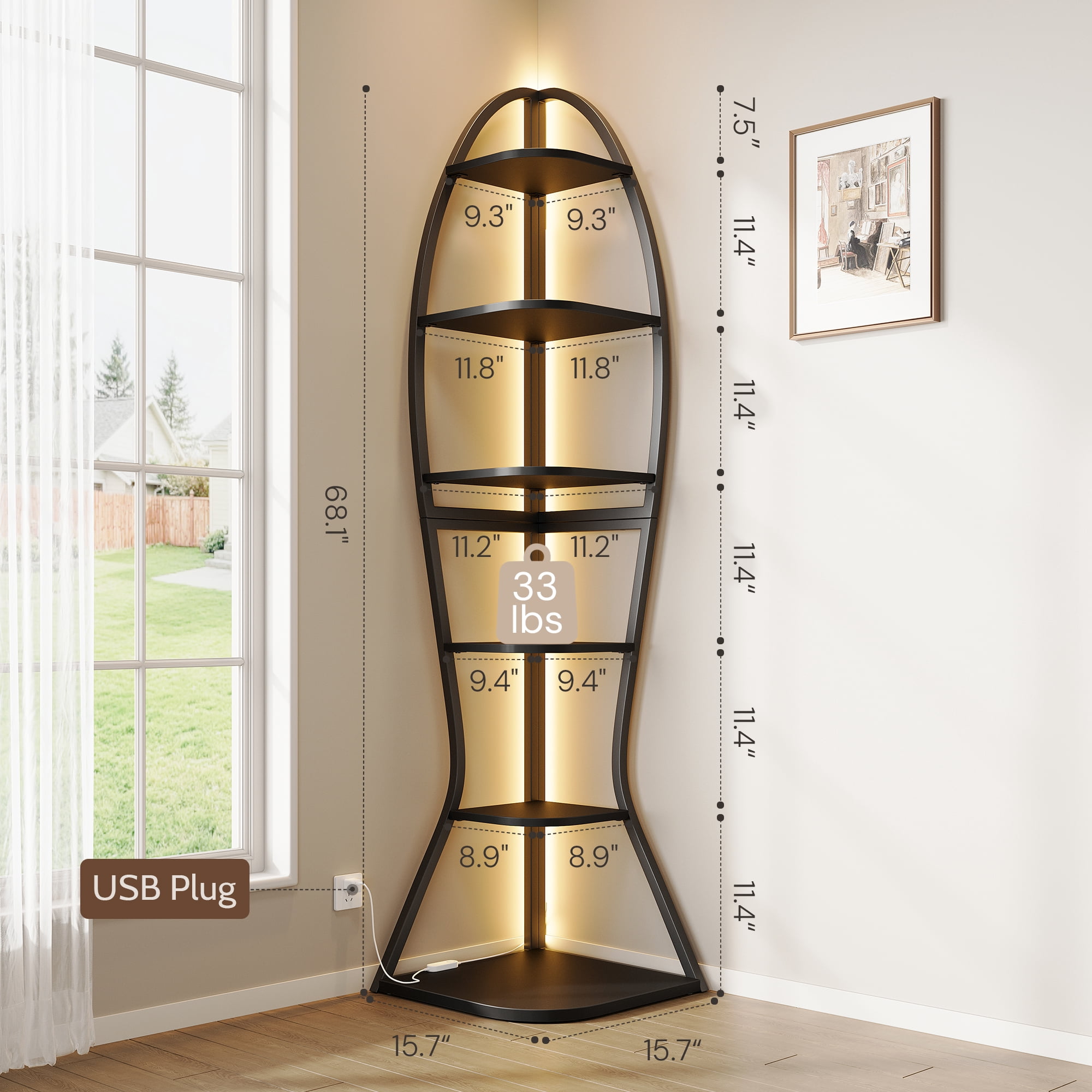 Vividwood Artistic Fish-Inspired Corner Shelf with LED Lights, 6-Tier Tall Corner Bookshelf with Multi-Depth Display, Vividwood Space-Saving Storage Unit with Remote Control for Bedroom & Living Room