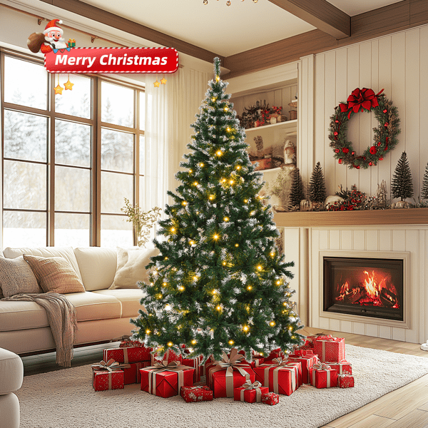 Alvantor 7 ft Snow-Tipped Artificial Christmas Tree with 150 Warm White LED String Lights and Remote, Indoor Christmas Decorations, Green