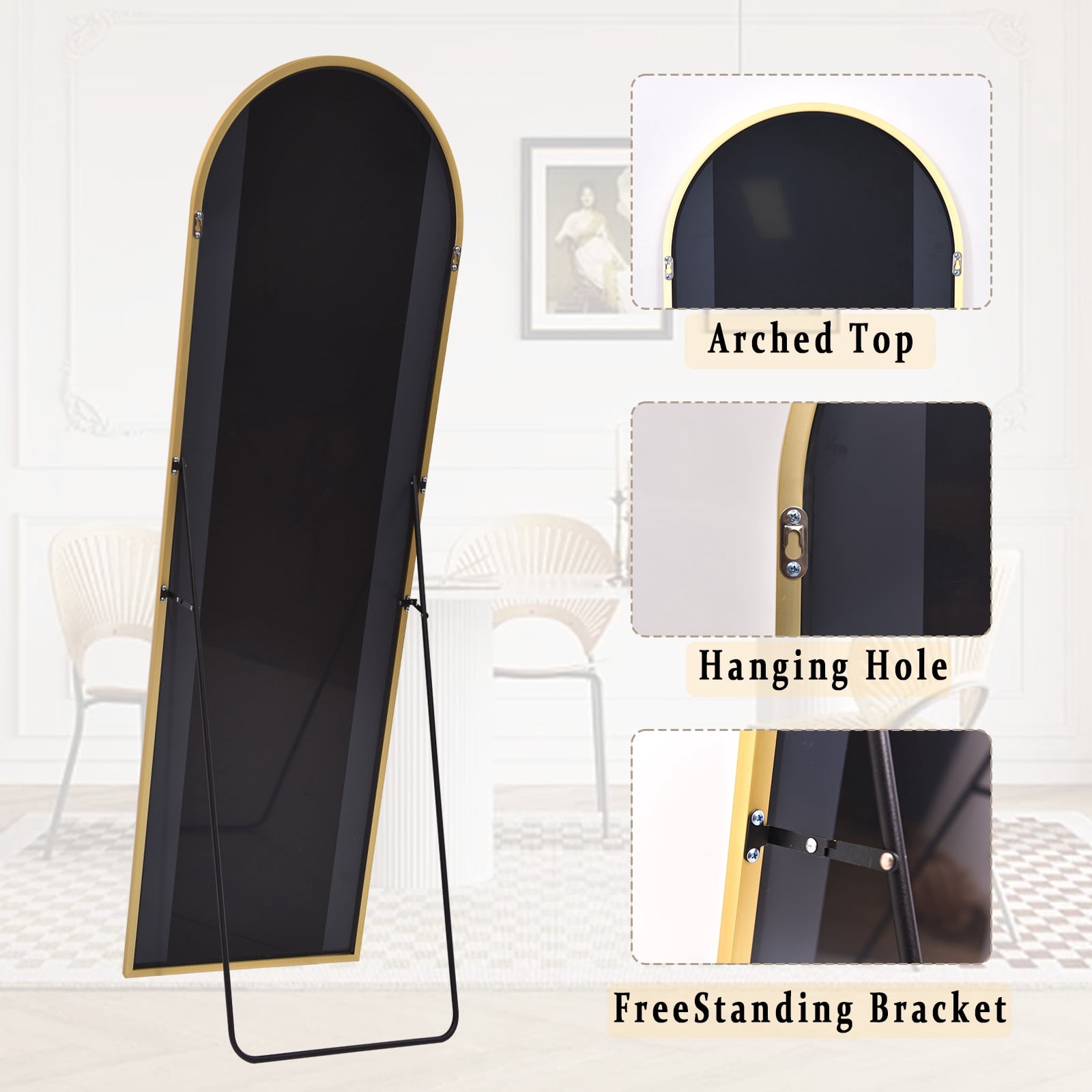 Anyrose 56.1"x21" Arched Modern Full Length Mirror Free standing Floor, Gold