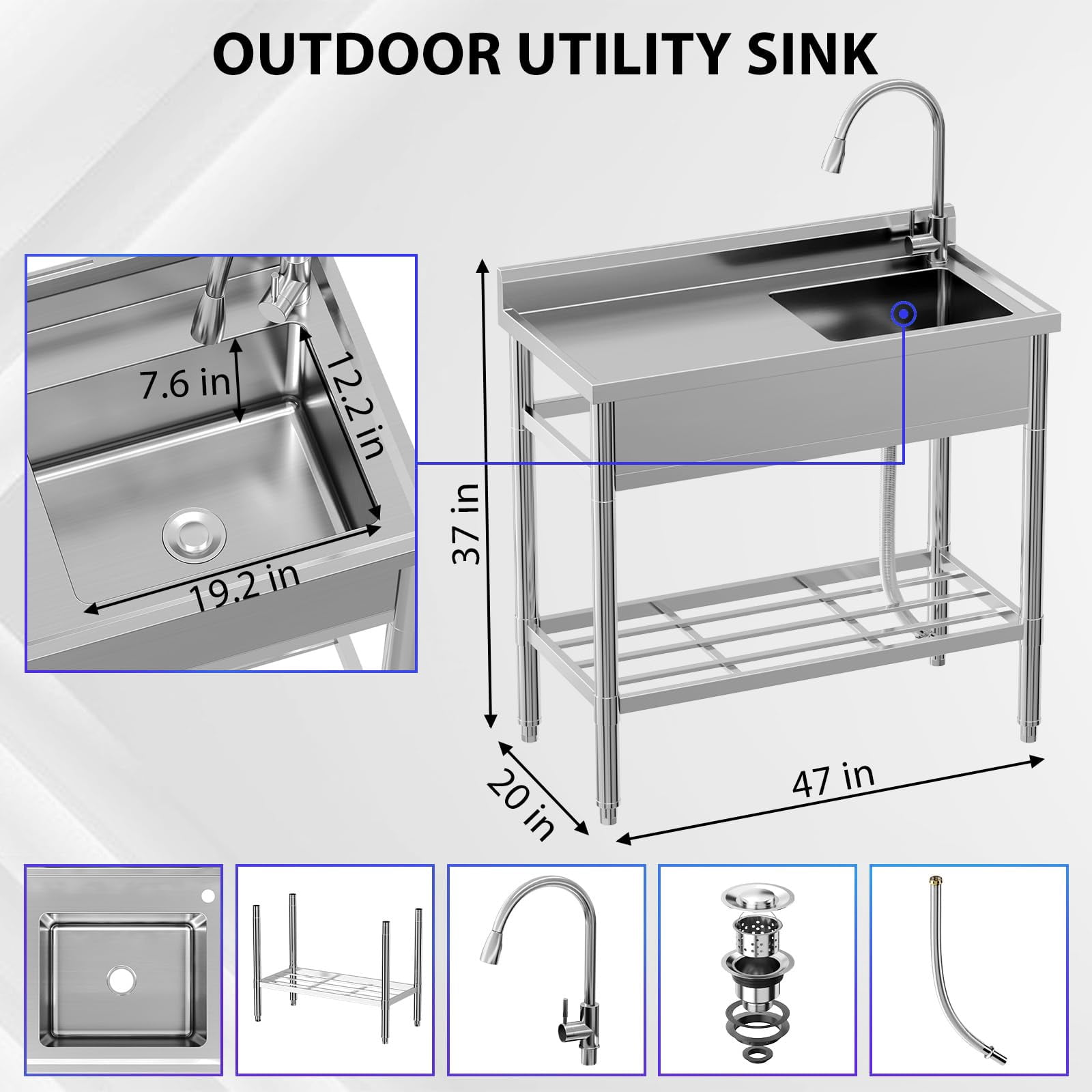 Danolapsi Freestanding Single Bowl Kitchen Sink Laundry Sink,Stainless Steel Utility Sink Workbench Storage Shelf & Hot/Cold Stainless Faucet Commercial Sink Outdoor Sinks for Kitchen and Bathroom