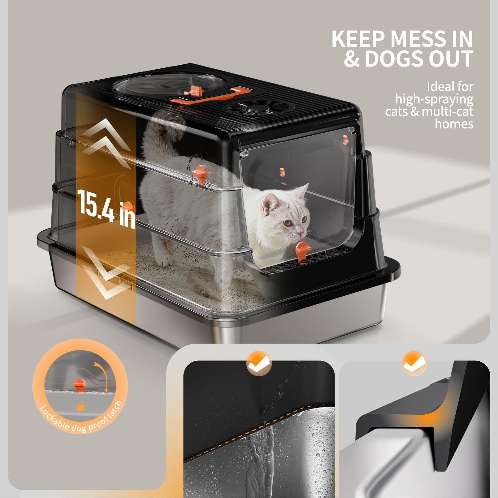 Stainless Steel Cat Litter Box Black X-Large Enclosed High Sides with Flip Lid