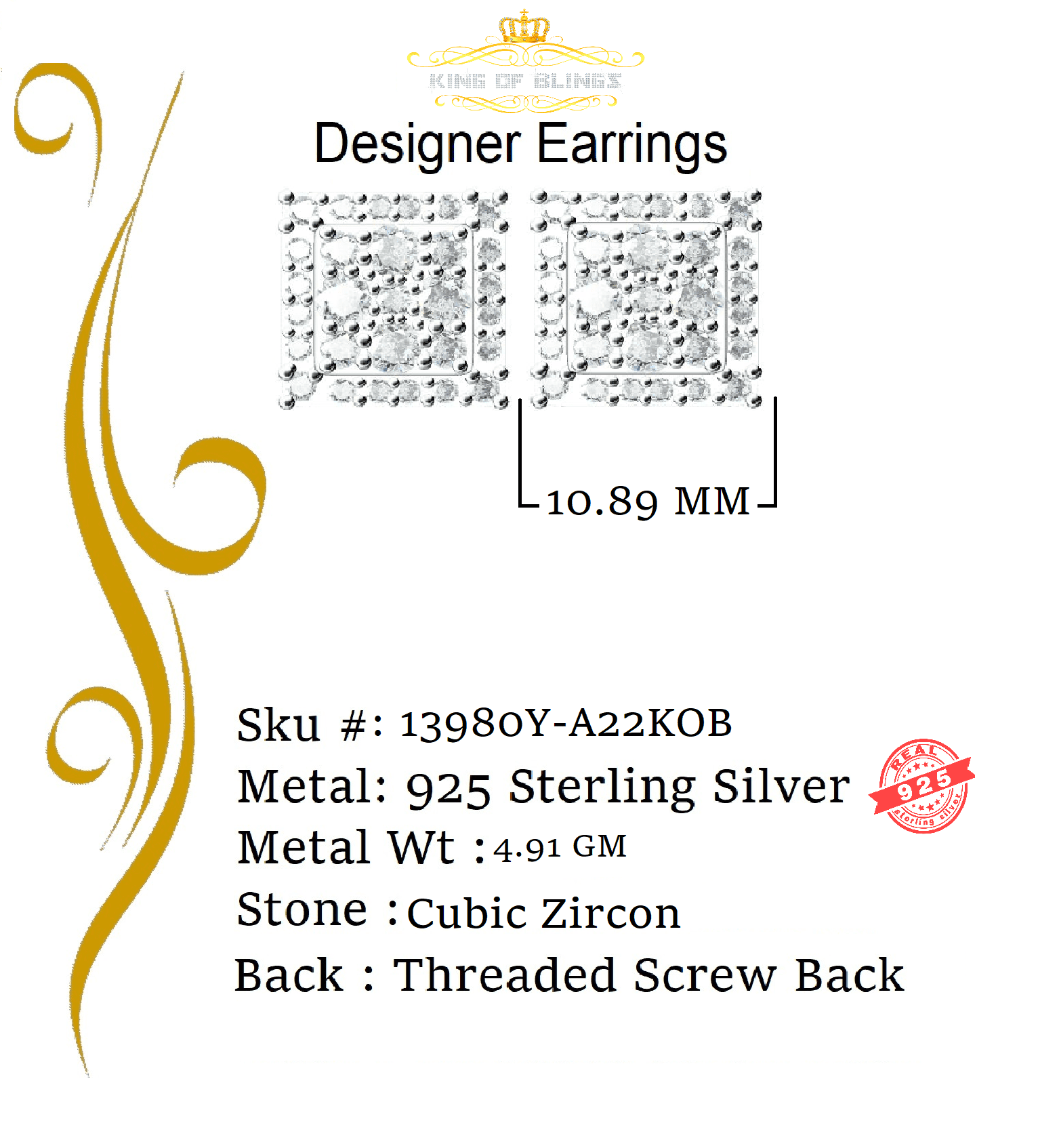 King of Bling's Yellow 925 Silver 0.96ct Cubic Zirconia Men's/Women's Screw Back CZ Stud Earring