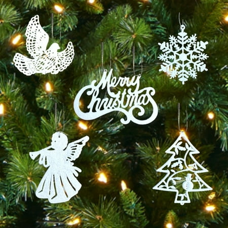 - White Christmas Decorations - Set of 39 Sparkling Glittery Christmas Tree Ornaments - Trees, Doves, Angels, Snowflakes, Merry Christmas - Shatterproof Ornaments By Banberry Designs Ship from US