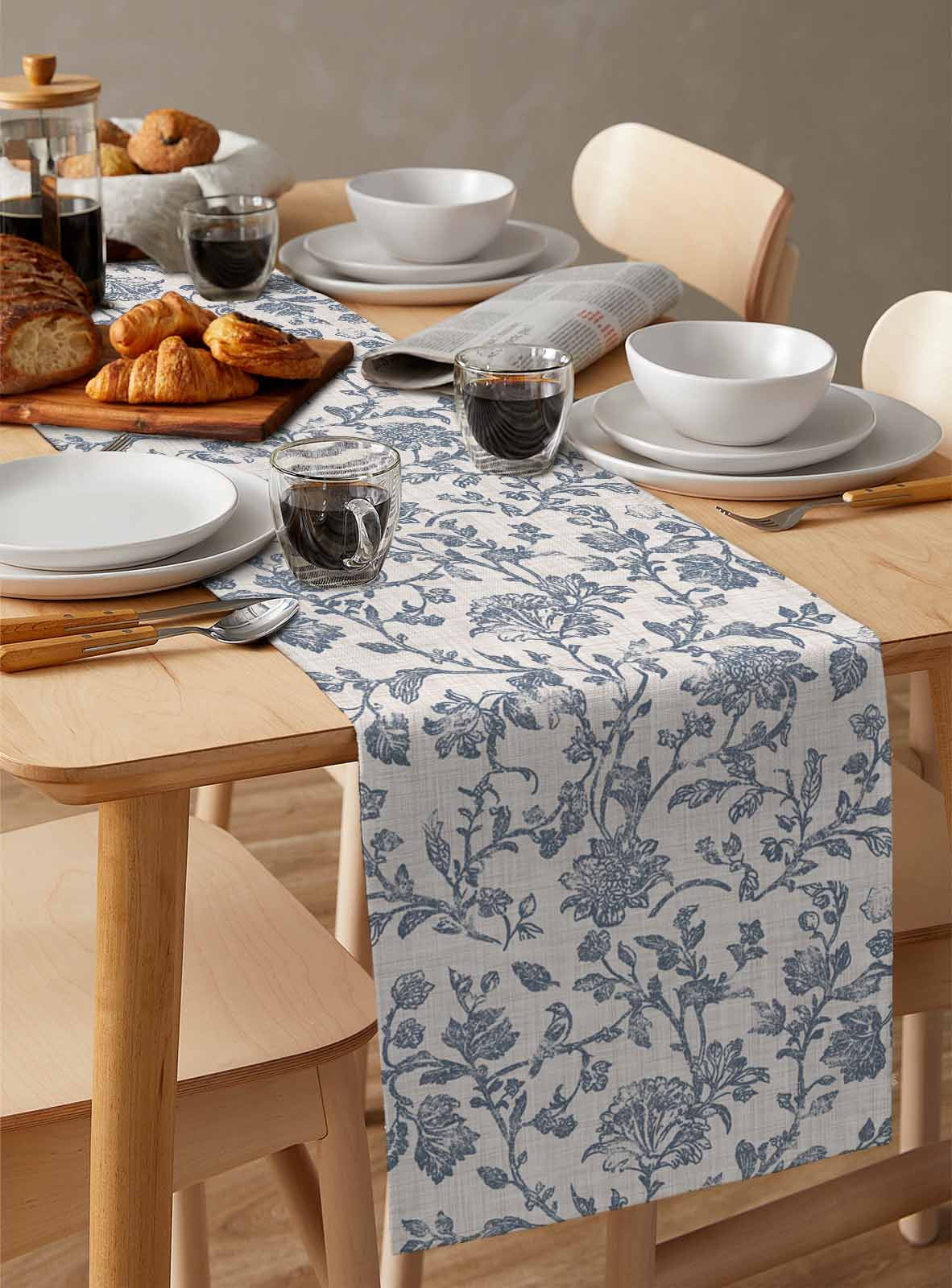 Blue Floral Burlap Cotton Table Runner 13x108 Inches Long, Farmhouse Vintage Flower Leaf Botanical Farmhouse Table Runners, Outdoor Dining Tablecloths Decor for Baby Shower/Party/Wedding
