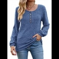 thumbnail image 2 of Suéter Abotonado para Mujer, Suéteres de Punto de Otoño, Camisetas de Larga, Camisetas Tipo Túnica con Cuello Redondo Azul M, 2 of 8