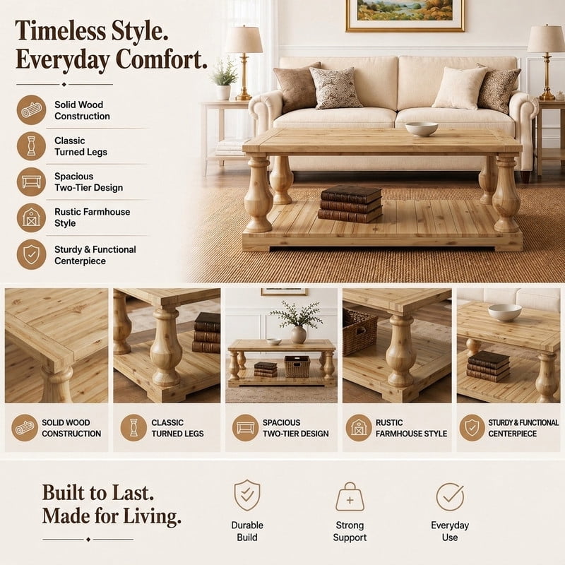 Farmhouse Coffee Table with 2-Tier Storage Shelf, Rustic Living Room Center End Table with Solid Wood Vintage Turned Legs