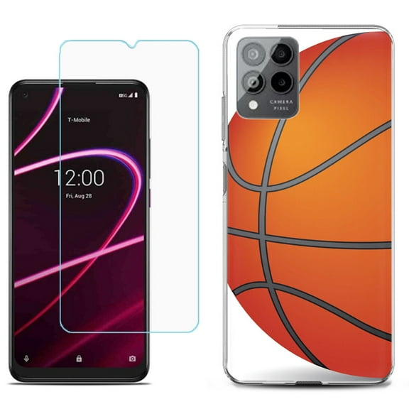 Slim-Fit Gel TPU Phone Case for T-Mobile Revvl 6 Pro 5G, with Tempered Glass Screen Protector, by OneToughShield ® - Basketball