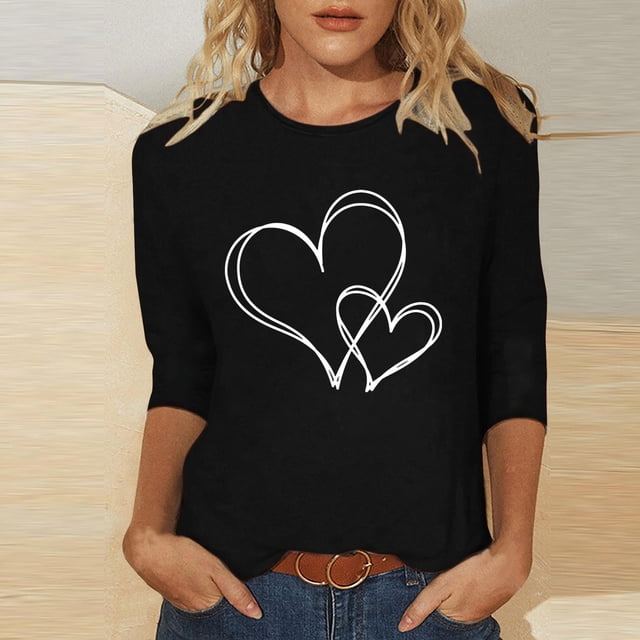 Ailaofu T-Shirts de la Saint-Valentin à Manches 3/4 Col Rond pour Femmes avec Imprimé Cœur Graphique