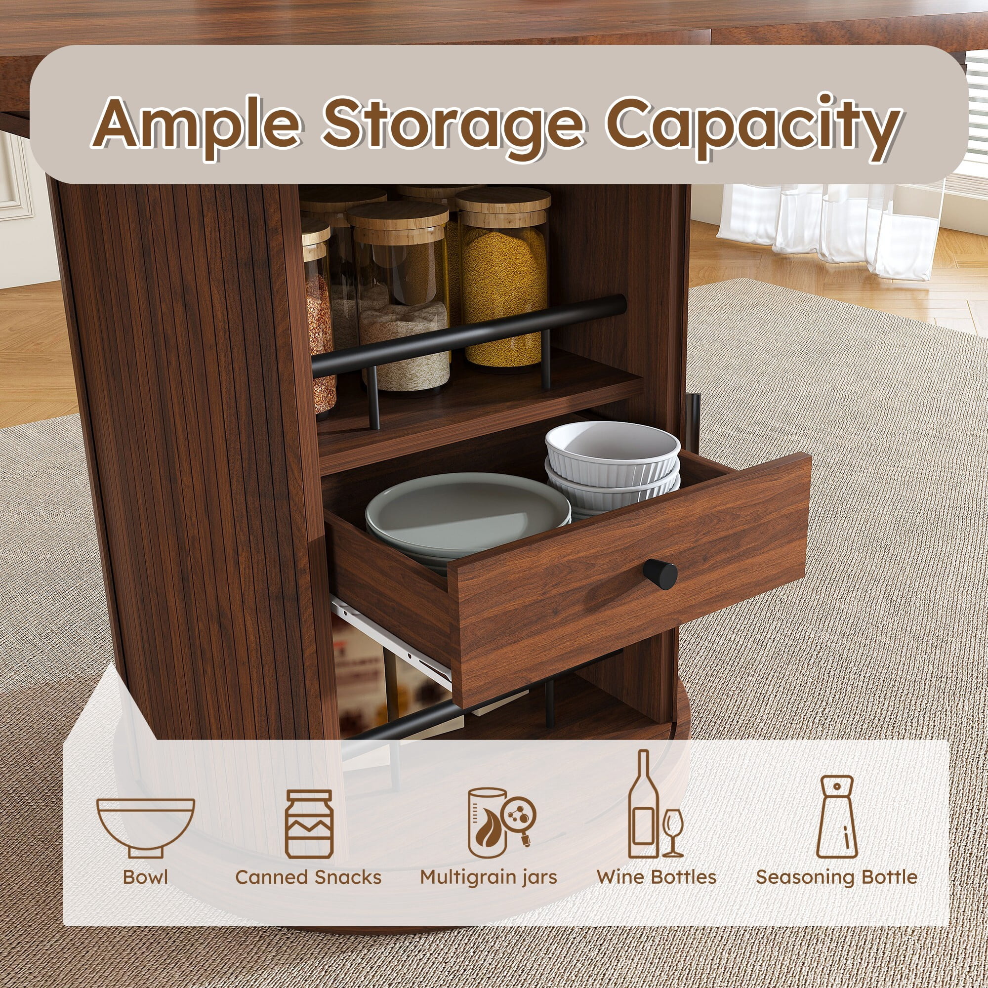 AENKYO 47-59" Extendable Oval Dining Table, Modern Kitchen Table with Storage Pedestal & Drawer, Walnut