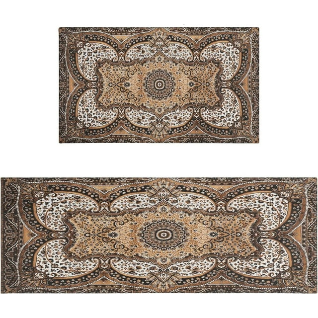 Boho Kitchen Rug Mat Set of 2 Washable Non-Slip Bohemian Brown Ethnic Kitchen Rug Runner Rubber Kitchen Floor Mats Boho Decor