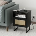 thumbnail image 5 of Rattan Nightstand,Modern Boho Farmhouse Wood Bedside Table with Storage Drawer and Open Shelf,Small Gold Frame Side End Table for Bedroom,Living Room,Office(White), 5 of 18