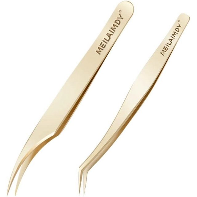 Pinces à Épiler pour Extension de Cils - Pinces Professionnelles Courbées / Pointues en Acier Inoxydable Ensemble de Pinces à Faux Cils 2 Pcs (Or)