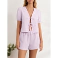 thumbnail image 2 of Biezeib Women's Plaid Outfit, Loose V Neck Puff Sleeve Front Tie-Up Tops Elastic Waist Shorts 2 Piece Summer Set, 2 of 6