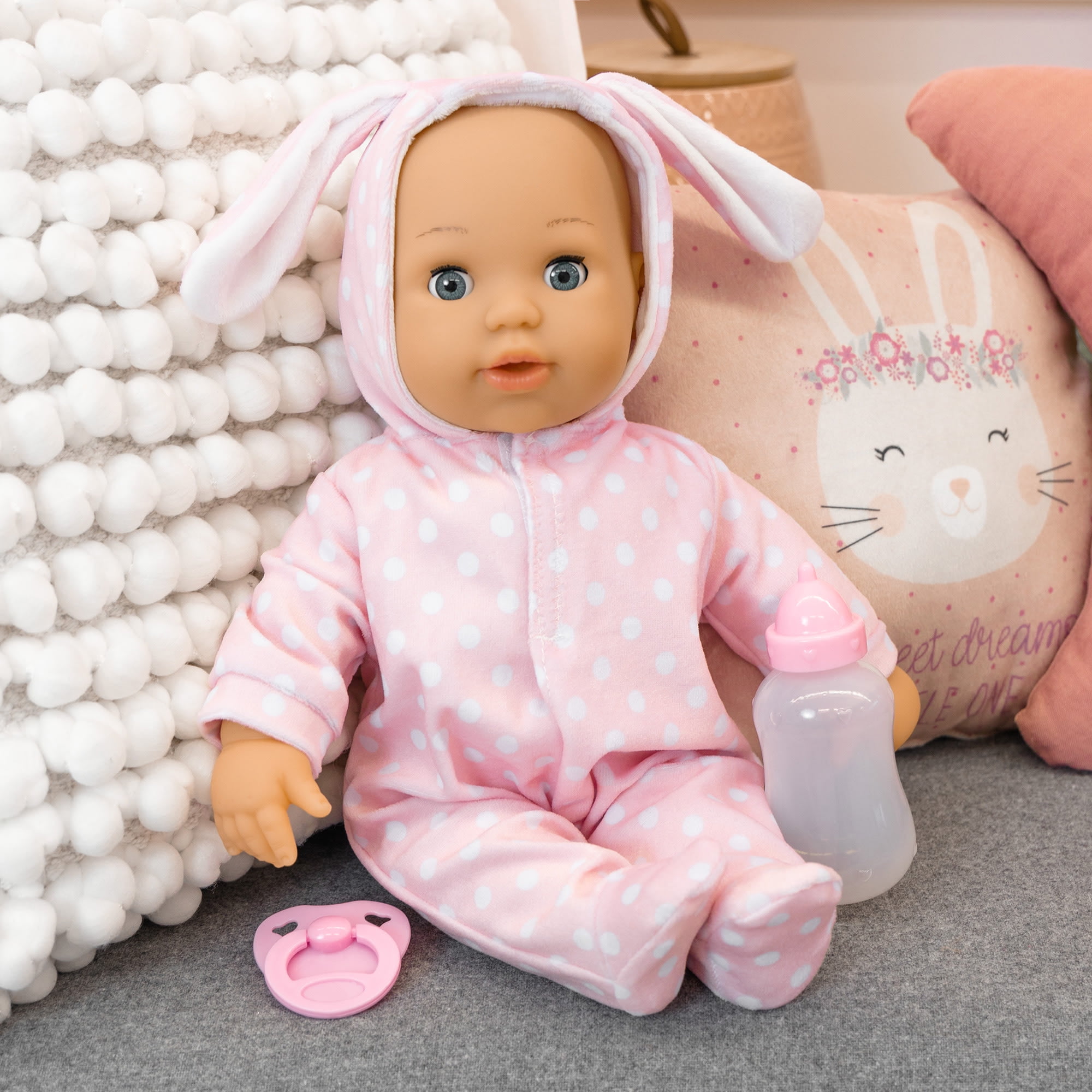 First Words Baby: Anna Pink Bunny 24 Sounds 15" Doll - Pacifier+Bottle, Sleeping Eyes, Press Tummy For Sounds, Ages 3+