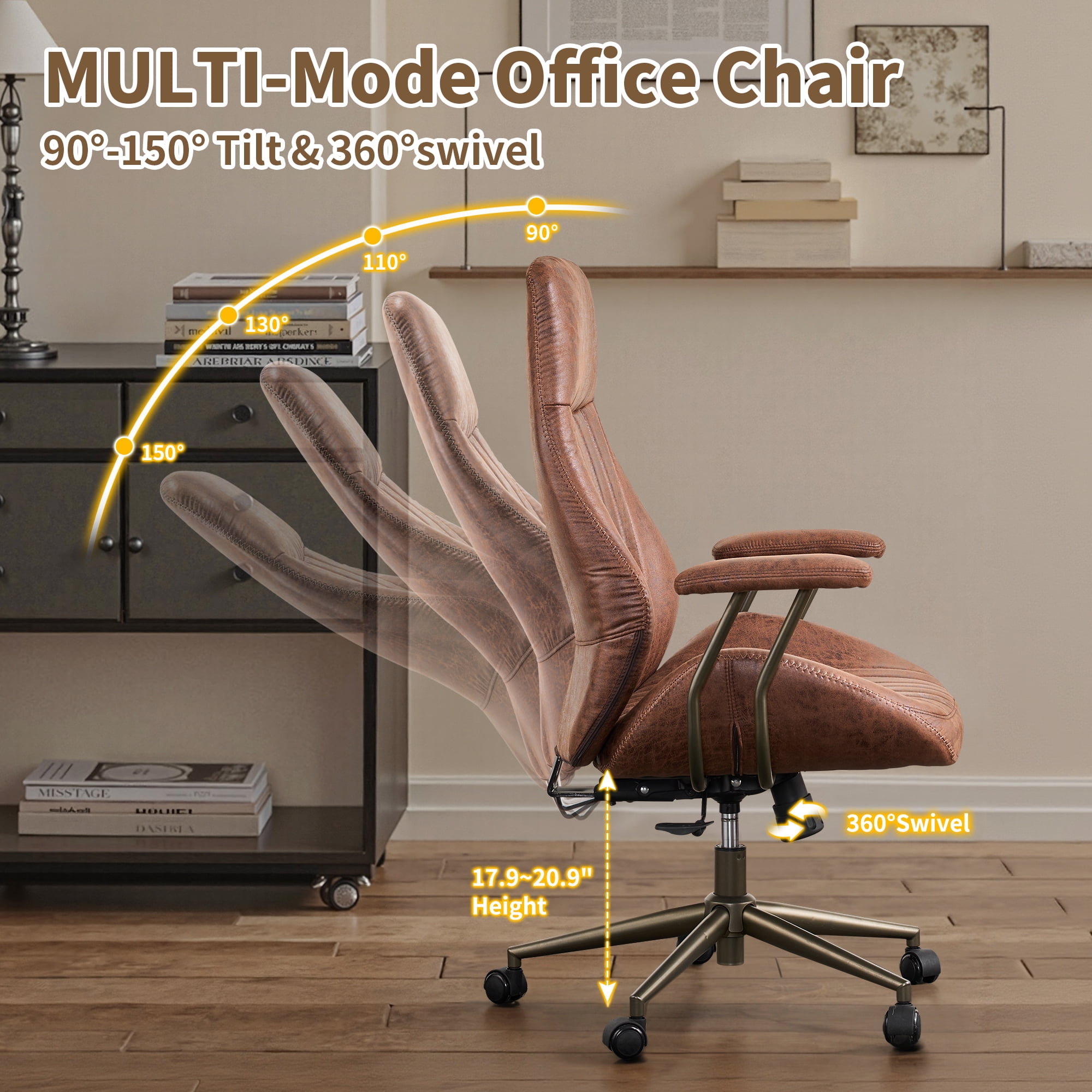 Toject Ergonomic Office Chair, High Back Comfy Home Office Chair with Lumbar Support, Mid-Century Modern Computer Executive Desk Chair with Padded Armrests (Suede Leather, Dark Brown)