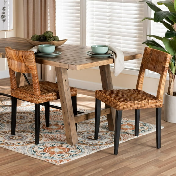 bali & pari Manrico Rattan and Mango Wood BOHO Dining Chairs, Set of 2, Natural Brown