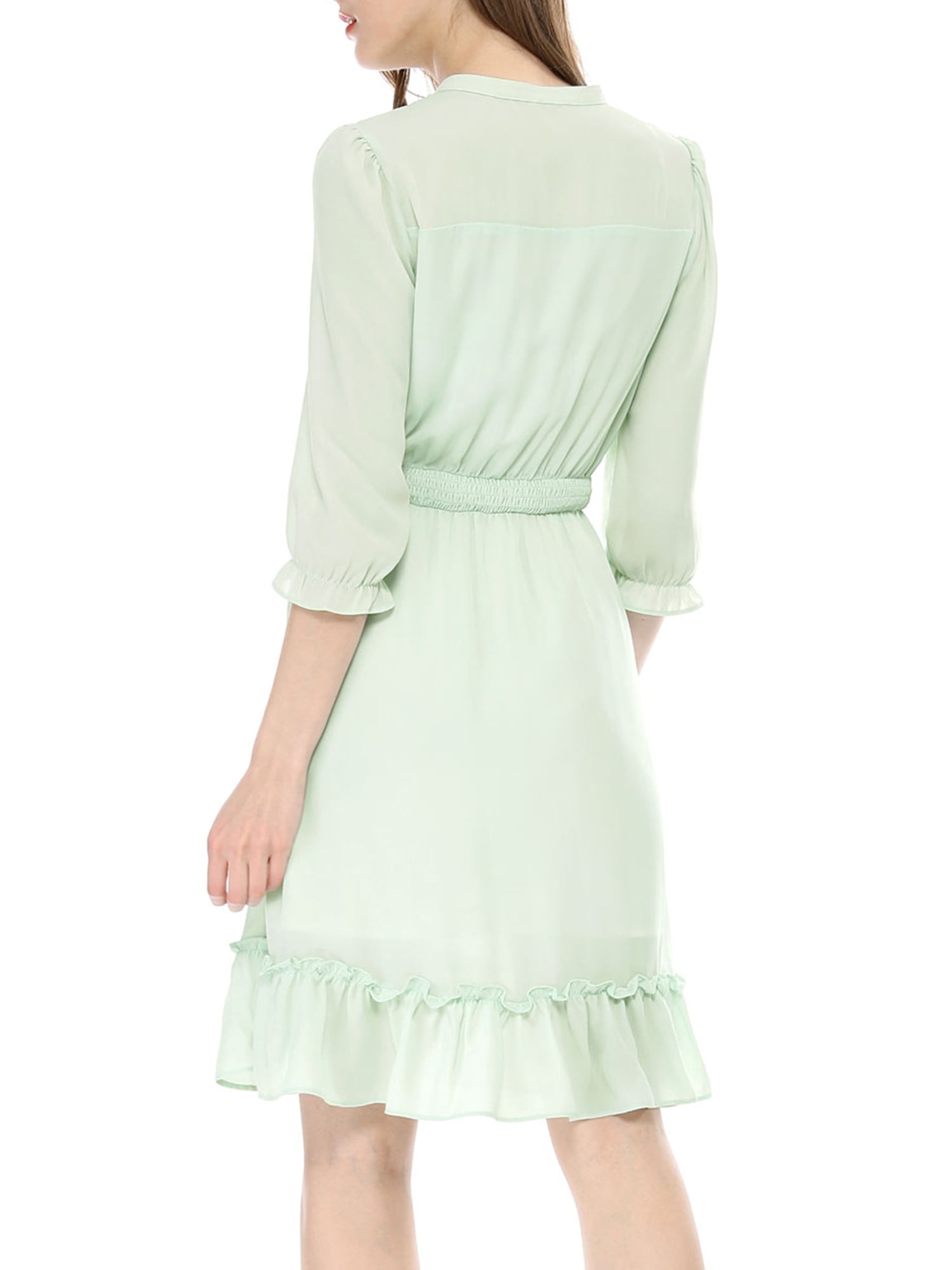 DARING DIVA Tie V Neck Chiffon 3/4 Sleeve Smocked Mini A-Line Dress M Green