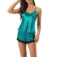 thumbnail image 1 of Conjunto de pijamas de satén para mujer INSPIRE CHIC, camisón sin mangas con tirantes tipo racerback y pantalones cortos con encaje, conjuntos de lounge de seda, azul L, 1 of 6