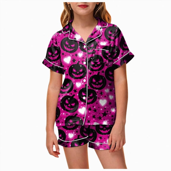 KPOPLK Little Girls Pajamas Set Halloween Sleepwear Short Sleeve Button Down Silk Shirt and Shorts Sleepwear 2 Piece Kids Pjs 2-13Years,Size 10-11 Years
