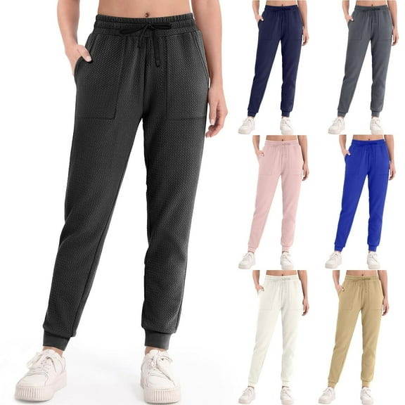 Kmdttou Wide-leg Pants Solid Color Overalls Casual High-Waisted Drawstring Pocket SweatPants
