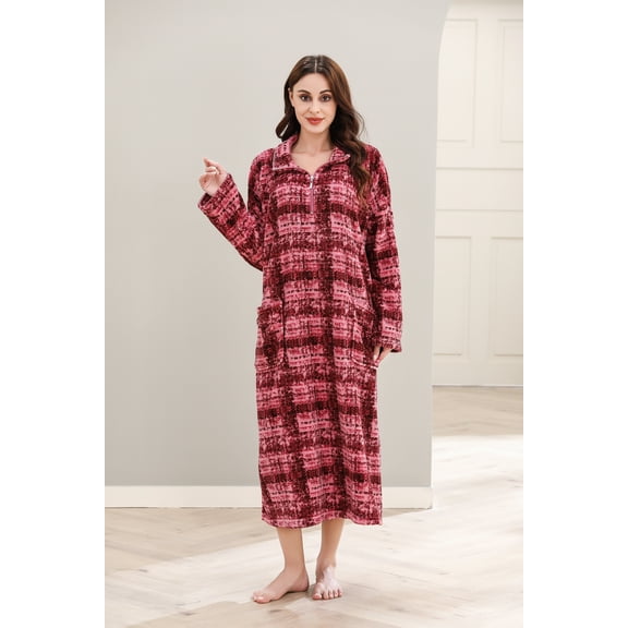 Richie House Women's Zip Front Printed Robe Long Housecoat with Pocket Nightgown S-3XL RHW4004-A-M