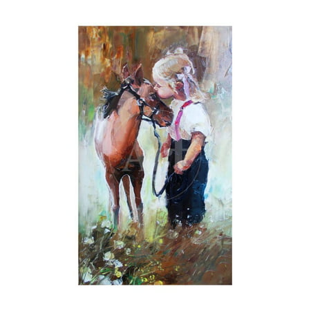 Oil Painting of Little Girl Petting Her Best Friend Pony at Countryside Outdoors Print Wall Art By Maria