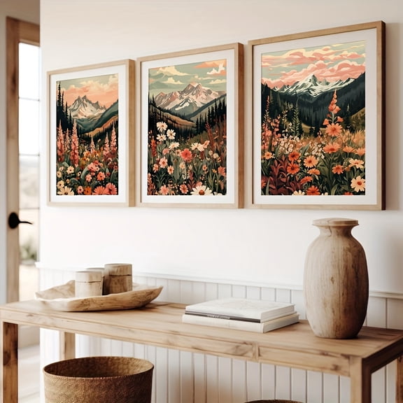 3pcs Bohemian Sunset Mountain Landscape Art Prints - Vibrant Wildflower & Alpine Scene Posters, Frameless Canvas Wall Decor for Living Room, Bedroom, Kitchen, Office, Bar, Dorm - Indoor Use, Bedroom