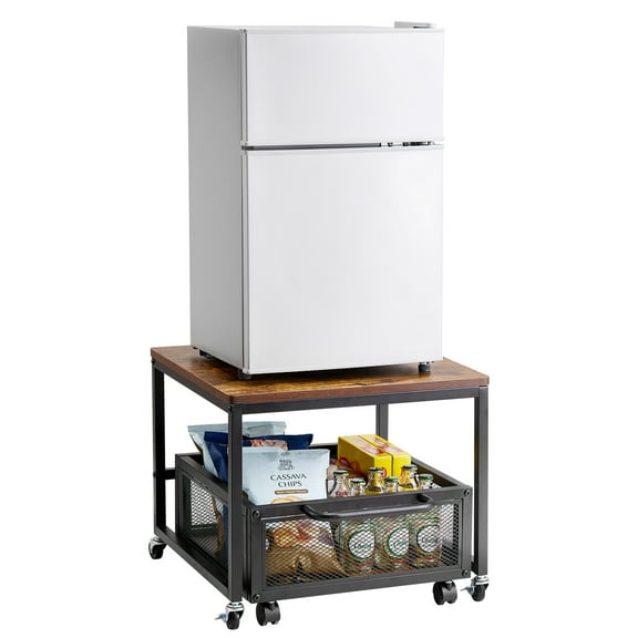 KFFKFF Compact Refrigerator Stand with Storage, Supporting 198 lbs, Portable Fridge Table with Mobile Storage Cart & Rotating Wheels, Drink Cooler Stand for Coffee Station, Small Fridge Arrangement