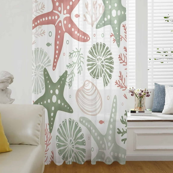 Red Sage Green Starfish Coastal Semi Sheer Curtains Drapes for Living Room,Bedroom,French Doors Window 96 Inches Long,Beach Nautical Coral Sea Rod Pocket Chiffon Curtain Drapery Voile Drape Panel