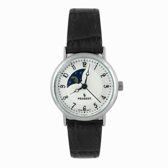 Peugeot Women's 26mm Sun-Moon Phase Silver Watch with Black Leather Strap