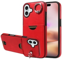 Classic Wallet Case Compatible with iPhone 16 Plus for Men Women, with 360° Rotation Finger Ring Kickstand PU Leather Shockproof Phone Cover with Card Slot for iPhone 16 Plus, Red
