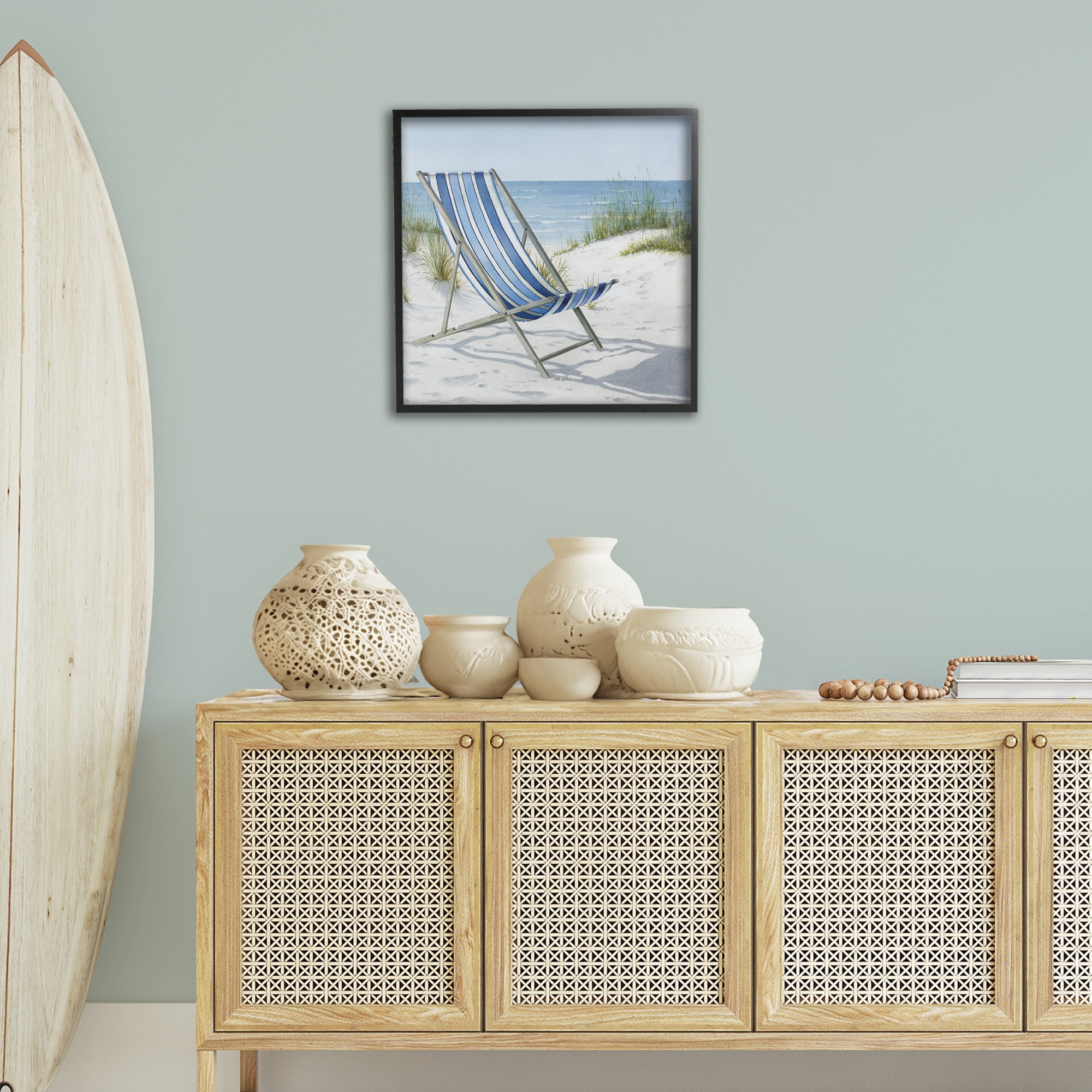 Stupell Industries Tranquil Beach Chair Landscape Painting Black Framed Art Print Wall Art, 24 x 24